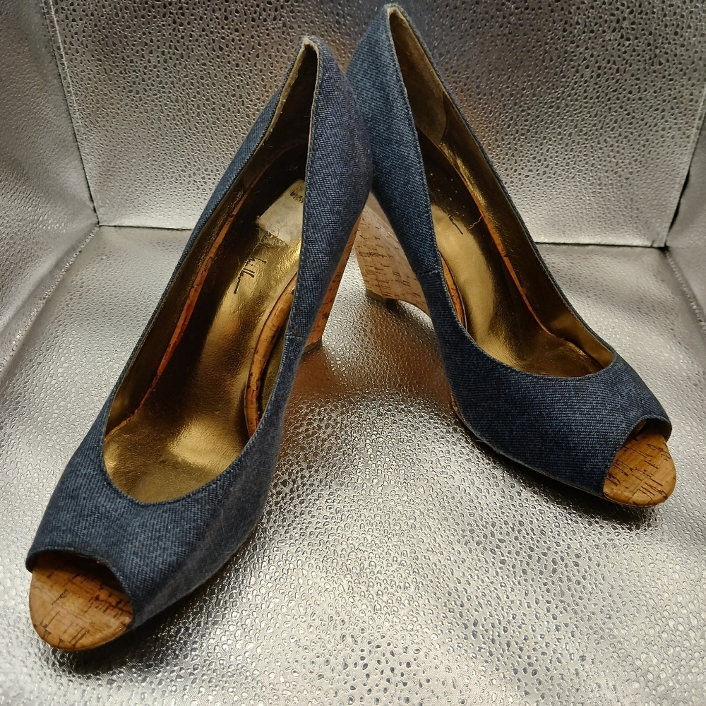 Nicole Miller Blue Denim Peep Toe Wedges Women's Size 10 - Picture 1 of 8